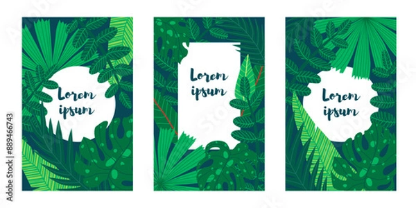 Fototapeta Three rectangle botanical handdrawn illustrations featuring various tropical leaves, each with a text placeholder. Suitable for social media posts, mobile apps, banner design, and web or internet ads.