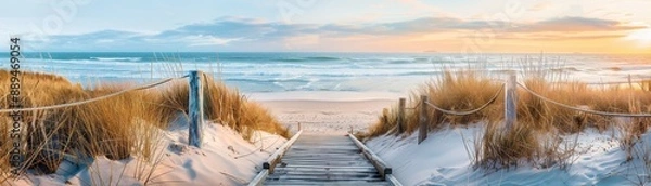 Fototapeta A wooden boardwalk leads to the ocean. The beach is sandy and the water is calm. The sky is blue and there are no clouds