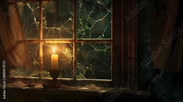 Fototapeta Broken Window with Candlelight: A broken window softly illuminated by candlelight from within, creating a warm, intimate glow amidst the shattered glass.
