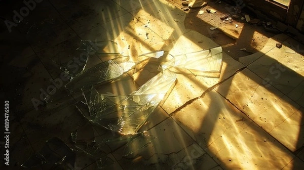 Fototapeta Broken Window with Sun Rays: Sun rays streaming through a broken window, casting dramatic shadows and highlights on the floor.
