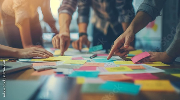 Fototapeta Team brainstorming ideas during the lecture, creative and cooperative, right third copy space