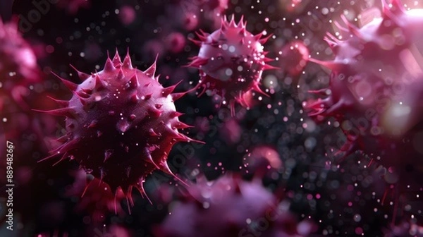 Fototapeta Close-up view of spiked particles in a dark background