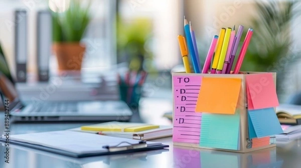 Obraz Colorful office supplies on a desk with sticky notes, pencils, and a laptop in a bright and organized workspace.
