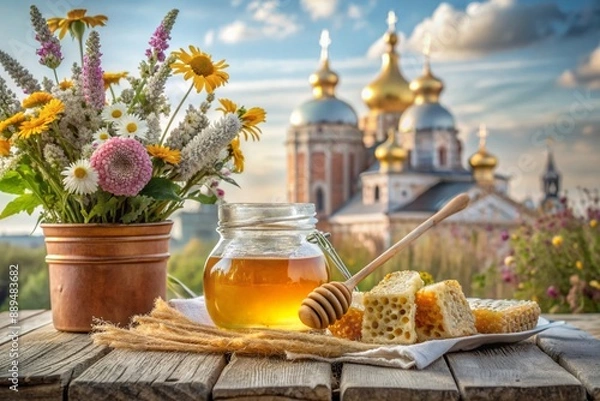 Fototapeta The concept of the Russian Orthodox holiday Honey Savior. A glass jar with honey, honeycombs and a bouquet of wildflowers on the background of an Orthodox church.