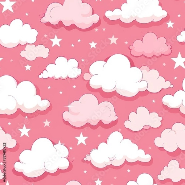Fototapeta Whimsical clouds and stars in a pink sky