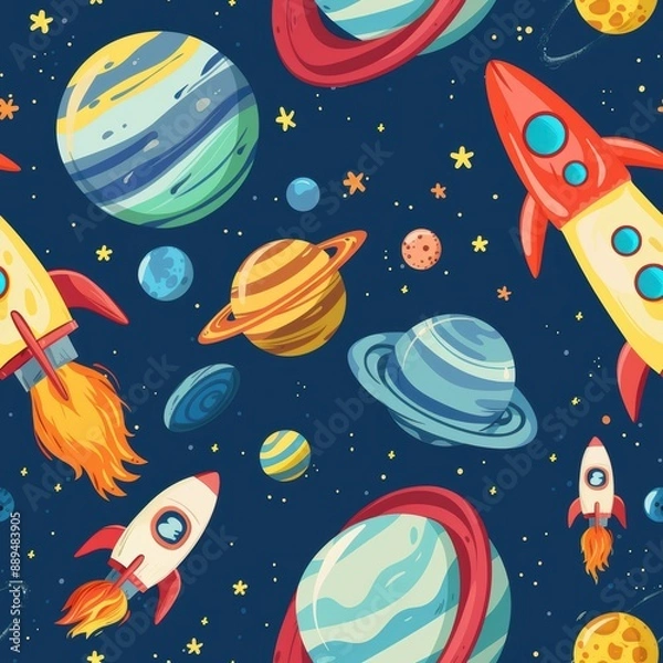 Fototapeta Whimsical Cartoon Planets and Rockets Dancing in Outer Space Illustration