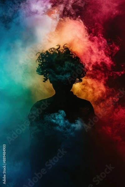 Obraz A man is smoking a cigarette and the smoke is creating a colorful and dramatic effect. The smoke is swirling around the man, creating a sense of movement and energy. The colors of the smoke are red