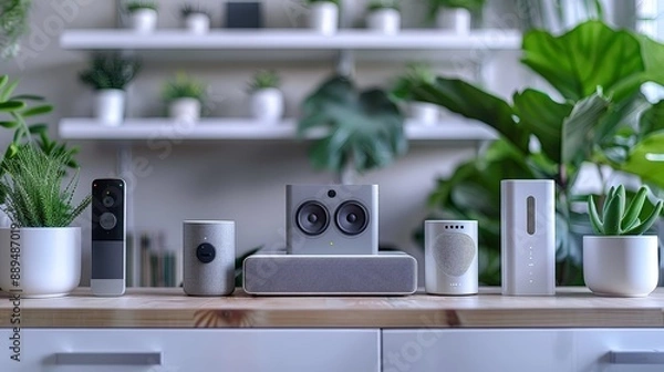 Obraz Smart home devices and speakers on a wooden table with potted plants in the background, showcasing modern technology and aesthetics.