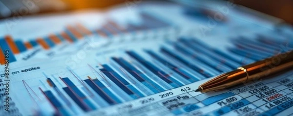 Obraz Close-up of financial graph and chart with pen, representing business analysis, data management, and investment evaluation.