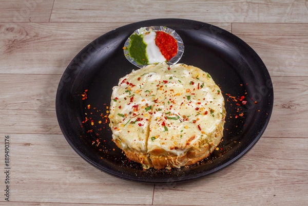 Obraz round cheese burst pizza sandwich with three color sauce