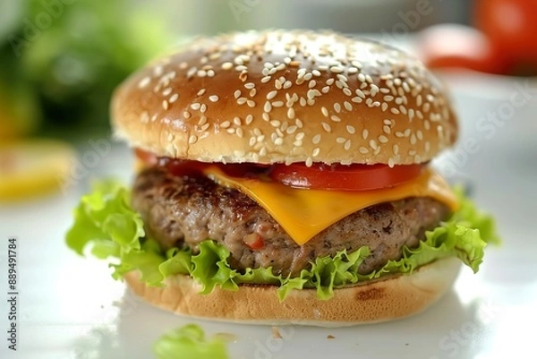 Obraz Tasty hamburger with patties cheese and vegetables