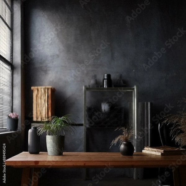 Fototapeta An elegant office interior with a small ficus plant on the desk and a desk lamp casting a gentle light, creating a soothing atmosphere.