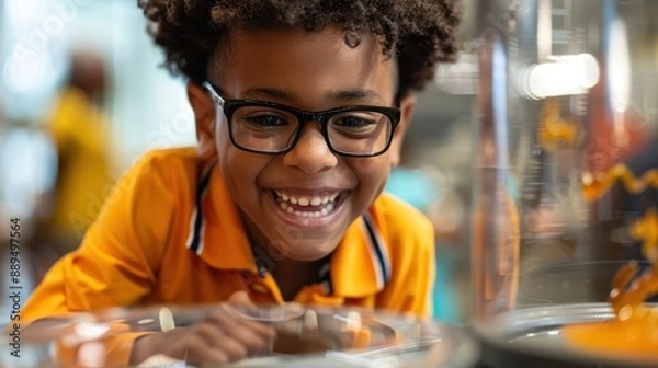 Fototapeta A delightful moment of a child with glasses, smiling enthusiastically while engaging with a hands-on science exhibit at a museum, highlighting curiosity and joy of learning.