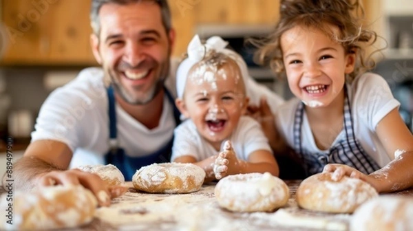 Obraz Two children and an adult are joyfully baking bread together in the kitchen, with flour all over their faces and the table, depicting a fun and messy culinary activity.