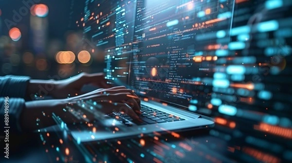 Fototapeta Coding programmer, software engineer working on laptop, digital technology, software development, agile methodology concept.