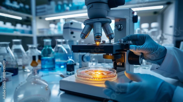 Obraz A professional biotech lab setting with a vibrant Petri dish and microscope. The cutting-edge world of biotechnology with a glowing Petri dish under a high-tech microscope in a modern, organized lab.