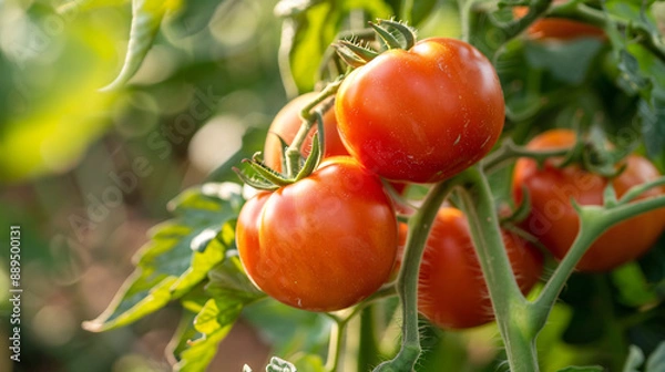 Fototapeta Close-up of ripe red tomatoes on the vine in a garden, illuminated by natural sunlight, displaying vibrant colors and fresh greenery.