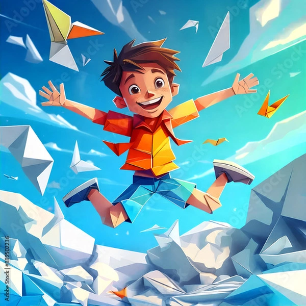 Obraz Cartoon of a boy jump. origami paper style
