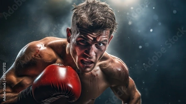 Fototapeta Boxer throwing punch, intense expression, boxing ring, dramatic lighting, powerful impact, close-up shot, high detail