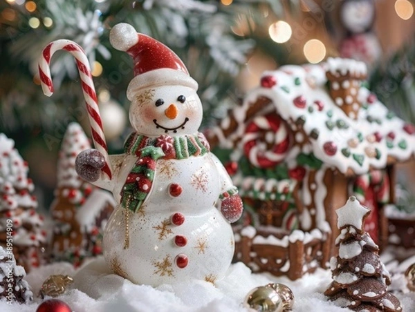 Fototapeta Snowman holding a candy cane, with a backdrop of a snow-covered gingerbread house decorated for Christmas