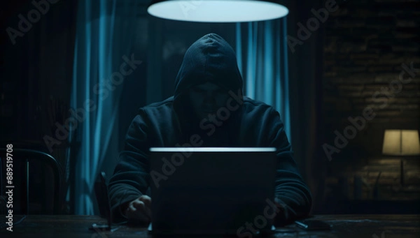 Obraz Anonymous hacker wearing face mask working on computer in dark room Anonymous Hacker Face Mask Concept