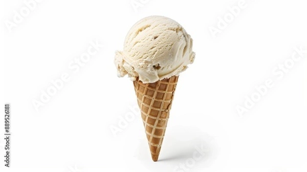Fototapeta A single scoop of vanilla bean ice cream in a waffle cone, standing upright, on a white background with a slight shadow beneath. 