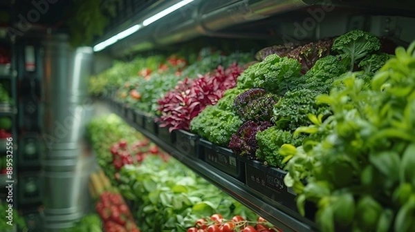 Fototapeta Futuristic vertical farm with hydroponic systems in an urban environment