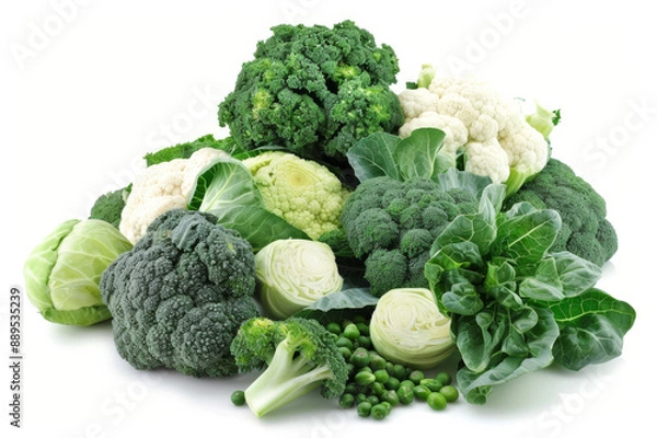 Fototapeta An assortment of fresh green vegetables, including broccoli, cauliflower, and peas, arranged in a crisp, vibrant display.