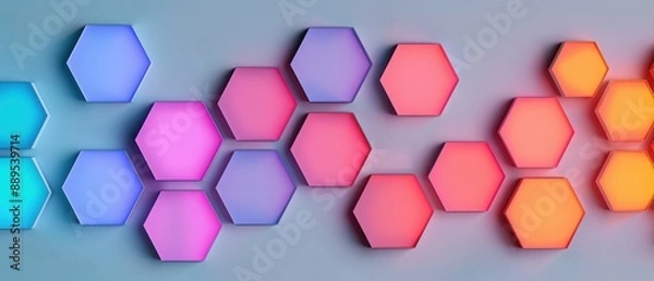 Fototapeta Colorful glowing hexagonal shapes in a modern, futuristic pattern on a light background, perfect for tech and design themes.