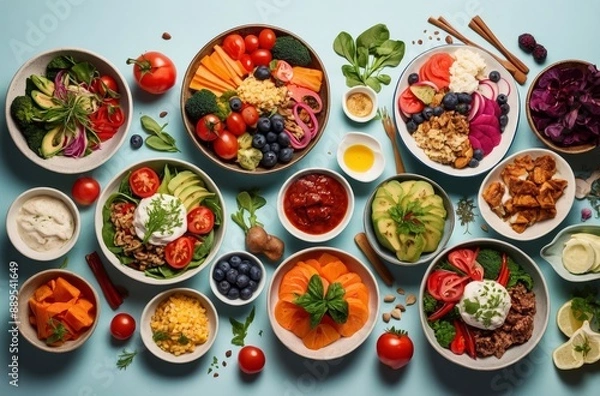 Fototapeta Top view of various colorful and healthy food bowls arranged on light blue background