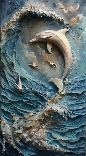Obraz 3d dolphin Wallpaper Background golden art for digital printing wallpaper, mural, custom design wallpaper. AI generated illustration