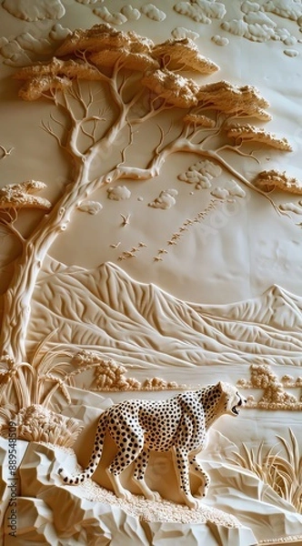 Obraz Beautiful cheetah 3d relief wallpaper. Mural wallpaper. Wall art. AI generated illustration