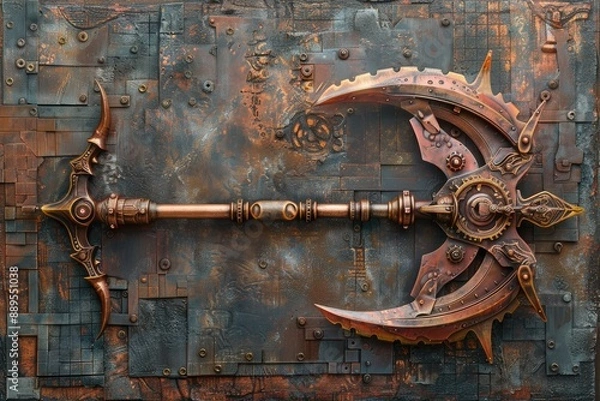 Fototapeta Steampunk trident, intricate gears, brass details, Victorian style, mechanical background, rich textures