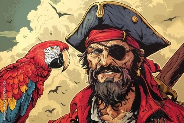 Fototapeta Cartoon pirate with eyepatch and parrot, bright colors, whimsical background, playful and fun