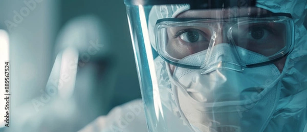 Fototapeta A close-up of a medical researcher wearing a transparent face mask and goggles, focusing intently on their work in a sterile lab environment.