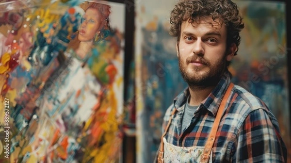Obraz Close-up confident portrait of an artist showcasing a finished painting.