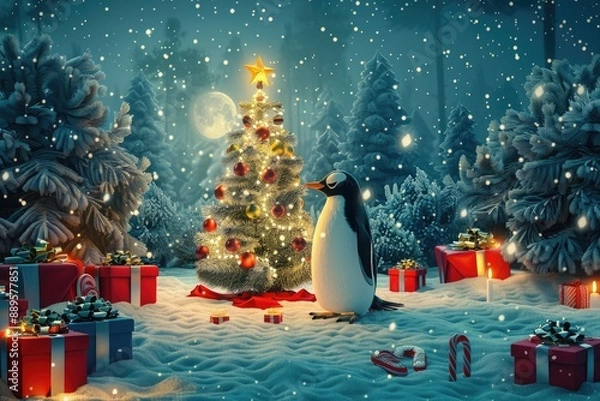 Obraz 3D render penguin decorating Christmas tree with ornaments, surrounded by presents, candy canes, snowy forest, moonlight, stars