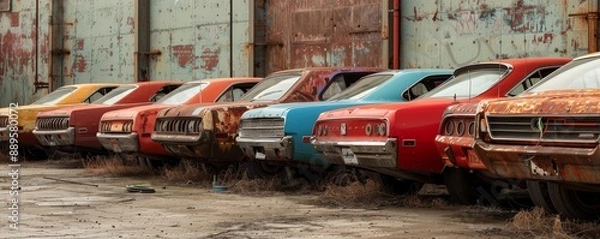Obraz Line of vintage rusty muscle cars parked abandoned in a row outside an old weathered building, showing decay and history.