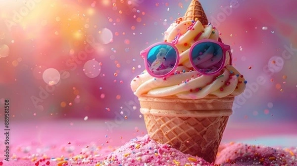 Fototapeta Ice Cream Cone with Sunglasses in a Summery Setting