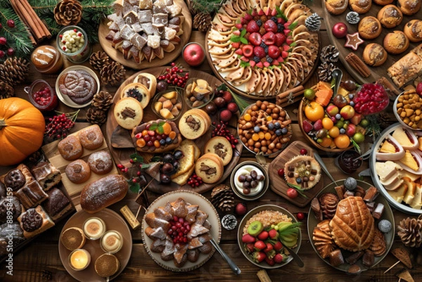 Fototapeta A table full of food with a festive atmosphere.