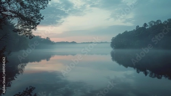 Obraz Tranquil Morning Mist Over a Forest Lake