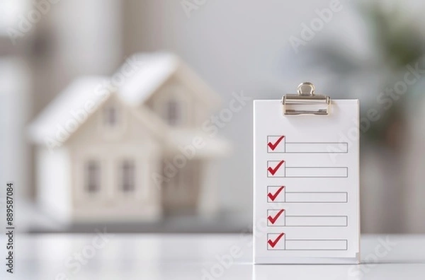Fototapeta Home inspection checklist with red check marks on clipboard, miniature house model in the background. Real estate and home buying concept.