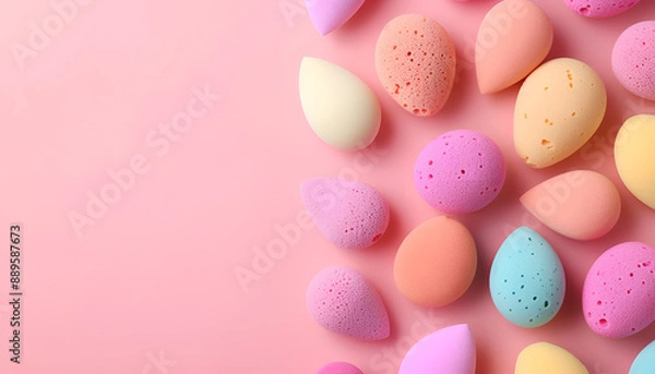 Fototapeta Many different makeup sponges on pink background, top view. Space for text