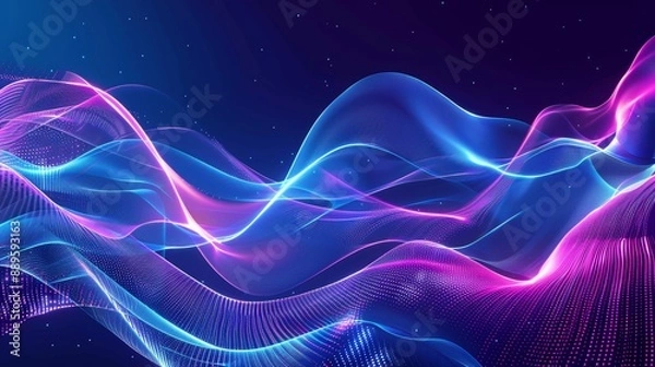 Fototapeta Abstract Blue and Pink Neon Waves with Glowing Particles on Dark Background