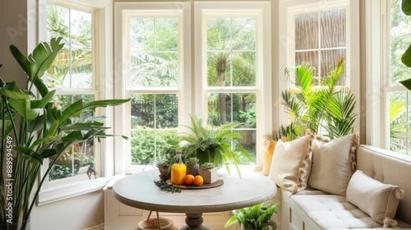 Fototapeta A bright breakfast nook with a round table, cushioned bench seating, and an array of indoor plants, with large windows offering a view of the garden.