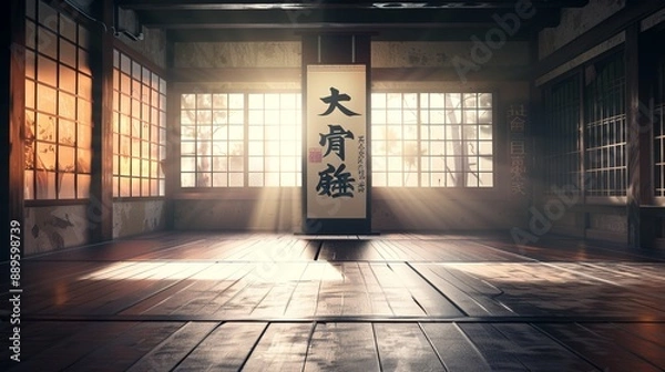 Fototapeta A traditional Japanese dojo with large windows and sunlight streaming in, creating a serene atmosphere. The wooden floor and furnishings highlight the heritage and culture.