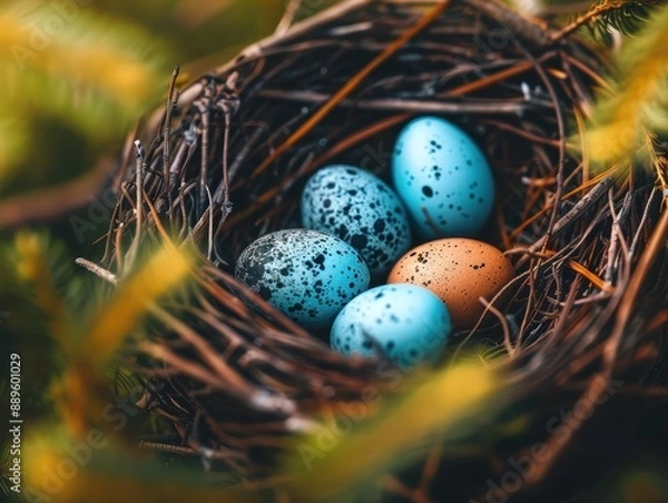 Fototapeta Close-up of a bird nest containing three blue speckled eggs and one brown egg, surrounded by green foliage.