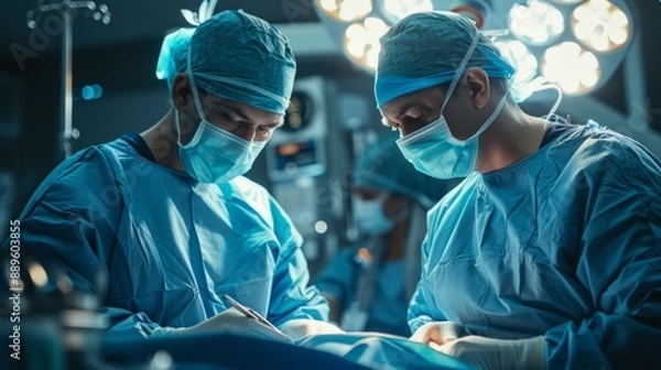 Fototapeta Focused surgeons in blue scrubs performing intricate surgery in operating room with bright lights and precise tools. Medical teamwork, precision, and expertise in action.