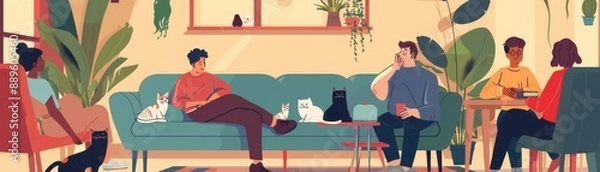 Fototapeta Group of friends celebrating cat adoption, cartoon style, bold colors, vector illustration, background of a lively home, playful and fun mood