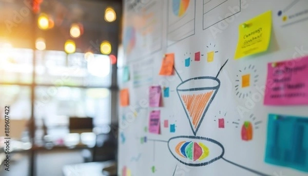 Obraz Close-up of a digital marketing funnel diagram on a whiteboard, creative office environment, vibrant lighting